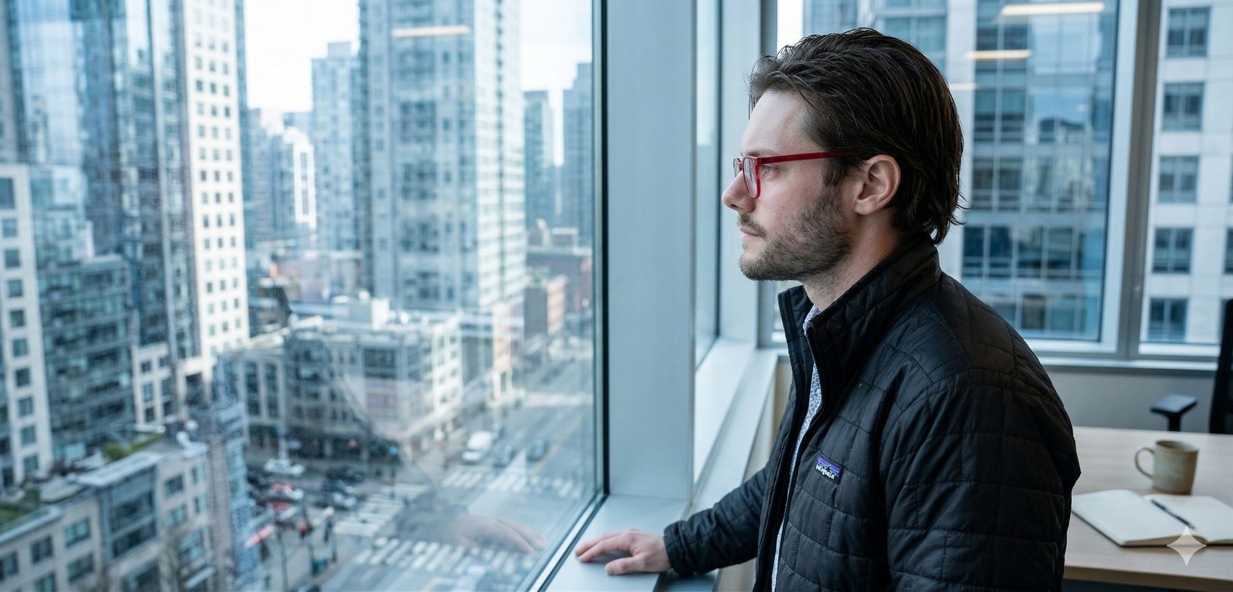 Shane Dixon at an office window, looking out over a downtown skyline.